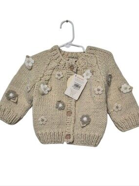 Huggalugs Flower Cardigan Natural Hand Knit Sweater 12-18 Months New with Tags